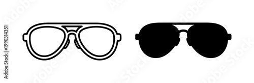 Aviator sunglasses icon set with outline and black silhouette