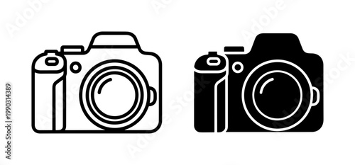 Professional DSLR Camera Outline and Solid Silhouette Icons