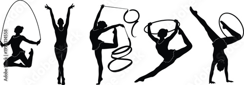 Set of Rhythmic Gymnast Silhouettes Performing Artistic Routines with Ribbon Hoop and Jump Rope for Sports Fitness and Gymnastics Design Projects
