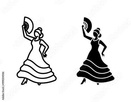 Spanish Flamenco Dancer Silhouette with Hand Fan Vector
