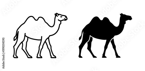 Bactrian Camel Silhouette and Outline Vector Icon Set