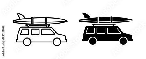 Surfboard on Van Roof Rack Icon Set