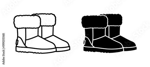 Winter Fur Boots Icon Set in Outline and Glyph Style
