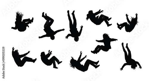 Silhouettes of multiple people in freefall, tumbling and floating through the air in various dynamic poses.
