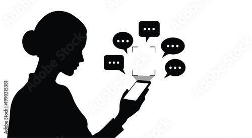 woman using smartphone with chat bubbles floating up