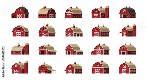 Collection of diverse red wooden barns designed for a rustic farm scene on a clear white background
