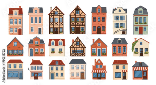 A vibrant collection of diverse cartoon-style houses and urban buildings, featuring various architectural designs and colorful facades.