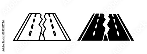 Broken road icon set representing earthquake damage or failure