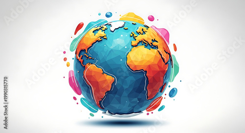 Pixelated earth globe with vibrant abstract colorful splashes and dots, representing global connection and diversity, digital art illustration