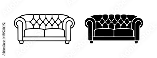 Chesterfield Sofa Icon Set in Outline and Solid Black Style