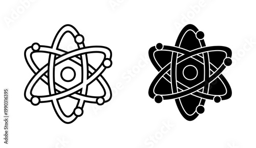 Black and white atom icon set representing nuclear science