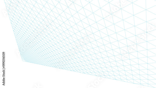 Abstract blue wireframe grid structure extending into a futuristic perspective on a clean white background, symbolizing modern technology, digital connectivity, and data visualization concepts