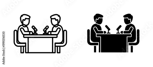 Podcast interview icon set with two people and microphones