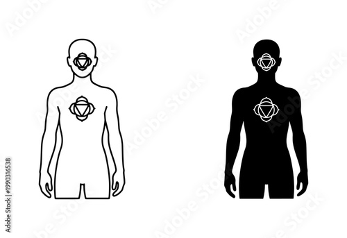 Human Body Chakra Points Outline and Silhouette Icon Set