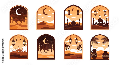 Collection of beautiful arch-shaped window designs showcasing traditional Islamic architecture and desert landscapes perfect for holy celebrations.