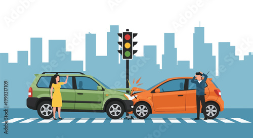 An unfortunate traffic collision between two cars at a city intersection leaves both drivers feeling upset and stressed.