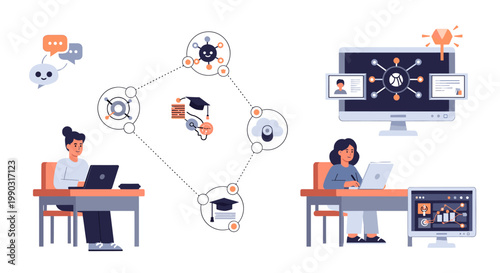 A cheerful young man diligently works on his laptop, radiating focus and productivity. Ideal for illustrating remote work, online learning, or digital