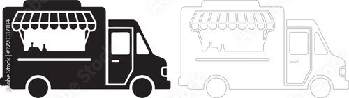 Black and white food truck silhouette with awning and bottles