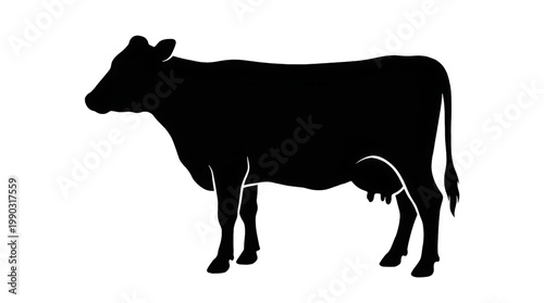 Profile view of a dairy cow silhouette with a distinct bovine shape, isolated against a pure white background, illustrating livestock farming and agricultural cattle production.