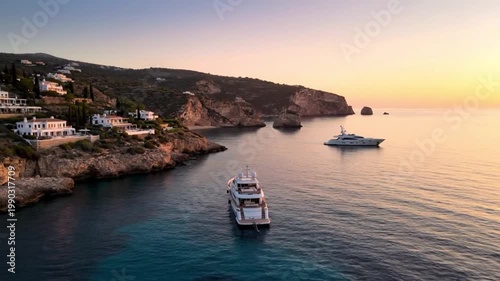 Idyllic Mediterranean coastal view at golden hour, with luxury yachts near cliffside villas, a tranquil sunset painting the sky and serene waters