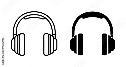 Black headphones icon set with outline and solid flat style