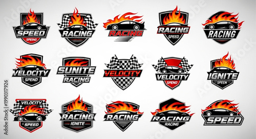 Collection of Racing Emblems with Flames and Cars.
