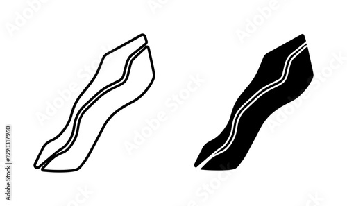 Bacon strip line and silhouette icon set
