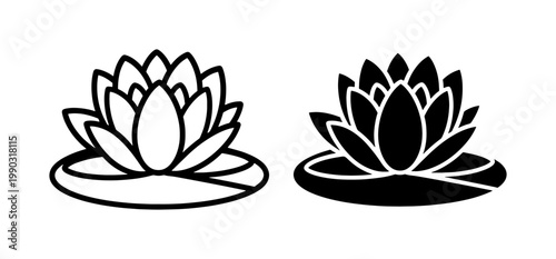 Lotus Flower Outline and Solid Black Silhouette Icons