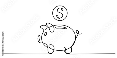 A single continuous line drawing of a piggy bank with a dollar sign coin being inserted on top. Vector, illustration