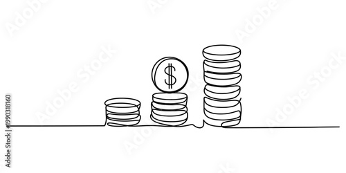 A single continuous line drawing of three stacks of coins representing financial growth progress. Vector, illustration