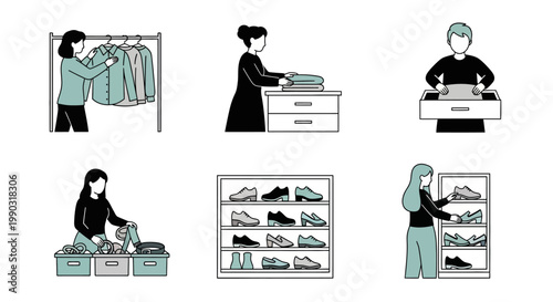 People Performing Laundry and Home Organizing Tasks, Flat Icons on Isolated White Background
