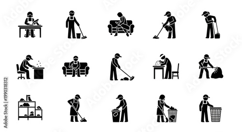 Variety of Cleaning and Housekeeping Activities Performed by People Silhouettes, Isolated White Background
