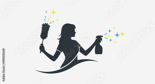 Silhouette of a Woman Cleaning with Spray Bottle and Sparkle Effects, Isolated White Background