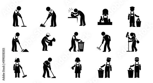 Set of Professional Cleaning Service Workers Performing Various Household Tasks, Isolated White Background