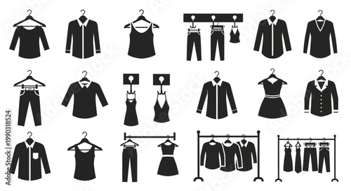 Set of Clothing Items Icons Including Shirts, Dresses, Pants, and Jackets on Hangers and Racks on Isolated White Background