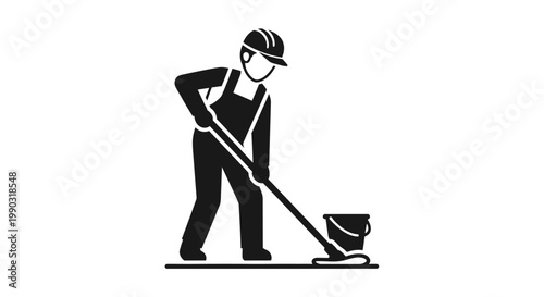 Silhouette Icon of a Worker Mopping a Floor with a Bucket on Isolated White Background
