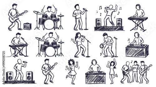 A collection of hand-drawn sketches depicting various musicians and musical performances, including guitarists, drummers, singers, keyboardists, and DJs.