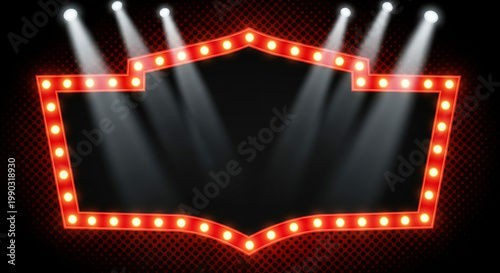 A grand, ornate retro marquee sign with a double border of red lights features a dark empty space under brilliant red spotlights.