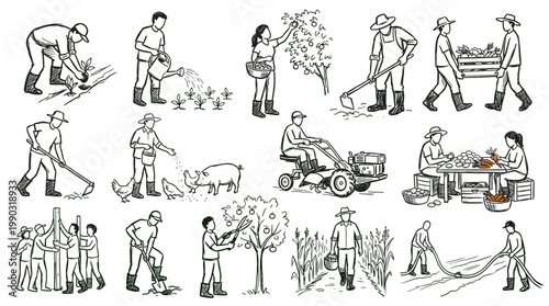 A collection of black and white illustrations depicting various agricultural activities and farm life, showcasing human labor and machinery in cultivation and harvesting.