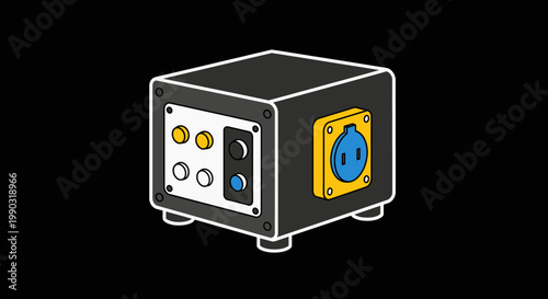 Industrial Power Box or Control Panel with Buttons and Electrical Socket 3D Icon on Dark Background