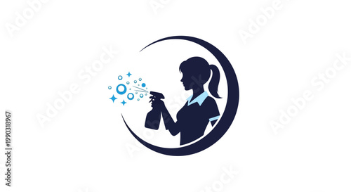 Professional Female Cleaner Spraying Solution Logo Icon with Moon and Stars Motif in Circular Frame on Bright Studio Background