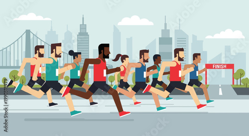 Flat 2D vector of group of runners marathon race, diverse characters, dynamic motion pose, urban city background, clean geometric shapes, modern flat style