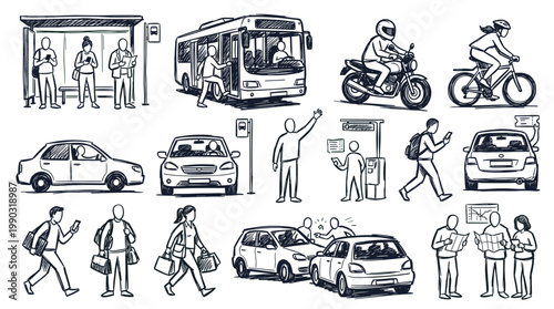 A collection of hand-drawn sketches depicting various modes of transportation and people interacting with them in urban and suburban settings.