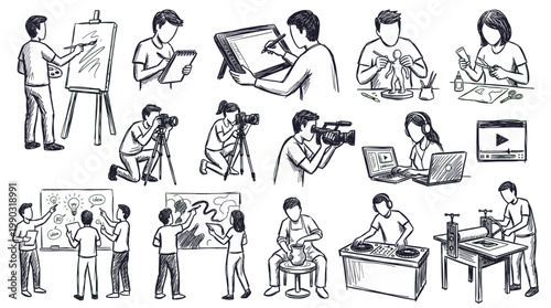 A collection of hand-drawn illustrations depicting various creative professions and hobbies, showcasing artists, photographers, filmmakers, designers, and craftspeople at work.