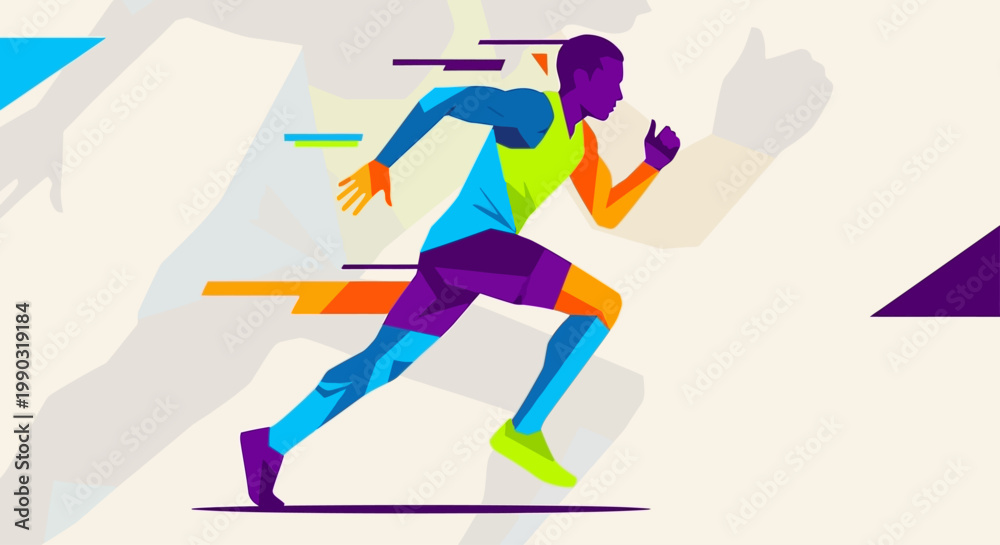 Fototapeta premium Minimal flat vector silhouette of runner with bold color blocks, trendy design, poster style