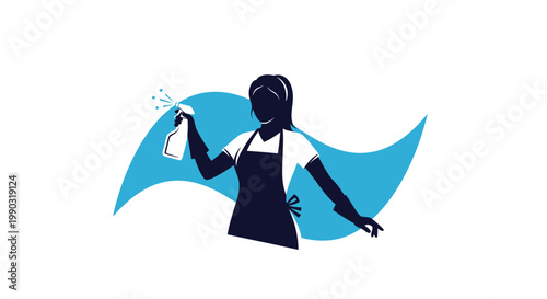 Silhouette of a Woman Cleaning with Spray Bottle and Apron, Disinfecting Action, in Bright Studio Background