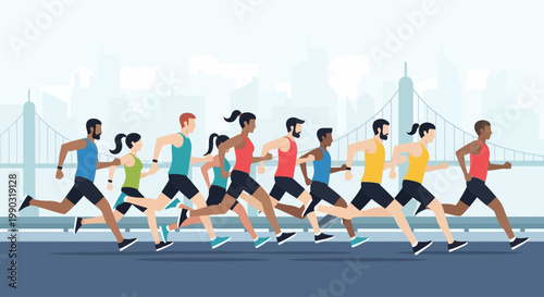 Flat 2D vector of group of runners marathon race, diverse characters, dynamic motion pose, urban city background, clean geometric shapes, modern flat style
