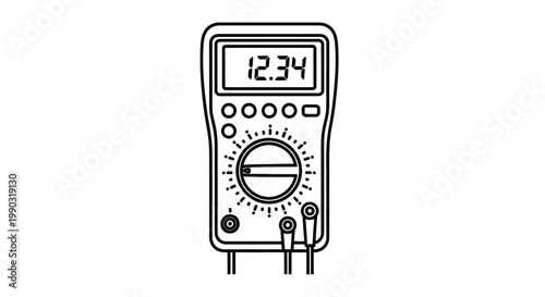 Digital Multimeter Line Icon Showing 12.34 Reading, Electronic Measuring Device, isolated white background