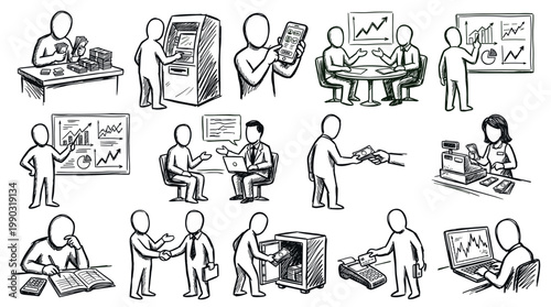 Collection of hand-drawn sketches illustrating various business and financial activities, including banking, meetings, and data analysis.