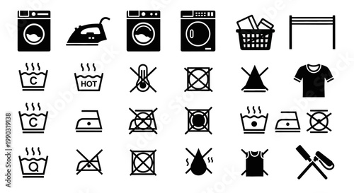 Comprehensive Laundry Care Symbols Line Icon Set, Washing, Drying, Ironing, and Fabric Care Instructions on Isolated White Background
